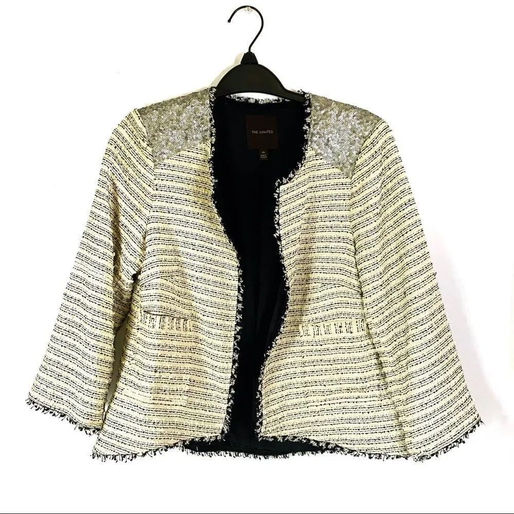 THE LIMITED Ivory Black Tweed Sequin 3/4 Sleeve Hook Closure Blazer Jacket